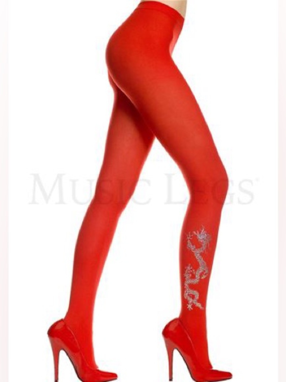 Music Legs Laser Dragon Red Tights Silver Foil Print One Size NIP